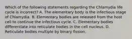 Which of the following statements regarding the Chlamydia life cycle is incorrect? A. The elementary body is the infectious stage of Chlamydia. B. Elementary bodies are released from the host cell to continue the infectious cycle. C. Elementary bodies differentiate into reticulate bodies in the cell nucleus. D. Reticulate bodies multiple by binary fission.