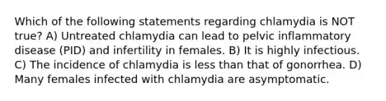 Which of the following statements regarding chlamydia is NOT true? A) Untreated chlamydia can lead to pelvic inflammatory disease (PID) and infertility in females. B) It is highly infectious. C) The incidence of chlamydia is less than that of gonorrhea. D) Many females infected with chlamydia are asymptomatic.