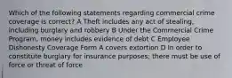 Which of the following statements regarding commercial crime coverage is correct? A Theft includes any act of stealing, including burglary and robbery B Under the Commercial Crime Program, money includes evidence of debt C Employee Dishonesty Coverage Form A covers extortion D In order to constitute burglary for insurance purposes; there must be use of force or threat of force