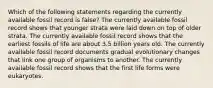 Which of the following statements regarding the currently available fossil record is false? The currently available fossil record shows that younger strata were laid down on top of older strata. The currently available fossil record shows that the earliest fossils of life are about 3.5 billion years old. The currently available fossil record documents gradual evolutionary changes that link one group of organisms to another. The currently available fossil record shows that the first life forms were eukaryotes.