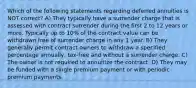 Which of the following statements regarding deferred annuities is NOT correct? A) They typically have a surrender charge that is assessed with contract surrender during the first 2 to 12 years or more. Typically up to 10% of the contract value can be withdrawn free of surrender charge in any 1 year. B) They generally permit contract owners to withdraw a specified percentage annually, tax-free and without a surrender charge. C) The owner is not required to annuitize the contract. D) They may be funded with a single premium payment or with periodic premium payments.