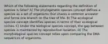 Which of the following statements regarding the definition of species is false? A) The phylogenetic species concept defines a species as a set of organisms that shares a common ancestor and forms one branch on the tree of life. B) The ecological species concept identifies species in terms of their ecological niches. C) Under the biological species concept, the gap between species is maintained by reproductive isolation. D) The morphological species concept relies upon comparing the DNA sequences of organisms.