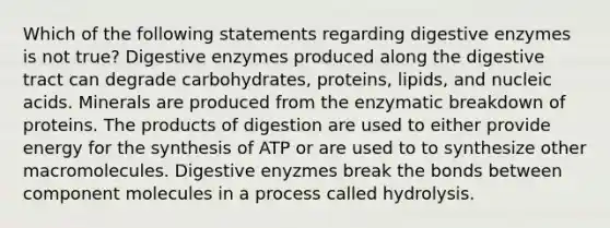 Which of the following statements regarding digestive enzymes is not true? Digestive enzymes produced along the digestive tract can degrade carbohydrates, proteins, lipids, and nucleic acids. Minerals are produced from the enzymatic breakdown of proteins. The products of digestion are used to either provide energy for the synthesis of ATP or are used to to synthesize other macromolecules. Digestive enyzmes break the bonds between component molecules in a process called hydrolysis.