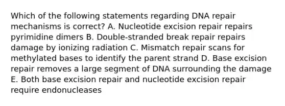 Which of the following statements regarding DNA repair mechanisms is correct? A. Nucleotide excision repair repairs pyrimidine dimers B. Double-stranded break repair repairs damage by ionizing radiation C. Mismatch repair scans for methylated bases to identify the parent strand D. Base excision repair removes a large segment of DNA surrounding the damage E. Both base excision repair and nucleotide excision repair require endonucleases