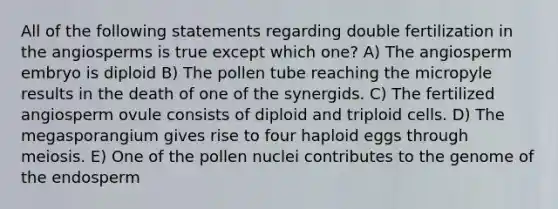 All of the following statements regarding double fertilization in the angiosperms is true except which one? A) The angiosperm embryo is diploid B) The pollen tube reaching the micropyle results in the death of one of the synergids. C) The fertilized angiosperm ovule consists of diploid and triploid cells. D) The megasporangium gives rise to four haploid eggs through meiosis. E) One of the pollen nuclei contributes to the genome of the endosperm