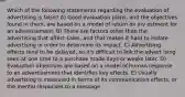 Which of the following statements regarding the evaluation of advertising is false? A) Good evaluation plans, and the objectives found in them, are based on a model of return on inv estment for an advertisement. B) There are factors other than the advertising that affect sales, and that makes it hard to isolate advertising in order to determine its impact. C) Advertising effects tend to be delayed, so it's difficult to link the advert ising seen at one time to a purchase made days or weeks later. D) Evaluation objectives are based on a model of human response to an advertisement that identifies key effects. E) Usually advertising is measured in terms of its communication effects, or the mental responses to a message