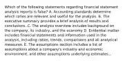 Which of the following statements regarding financial statement analysis reports is false? A. Accounting standards determine which ratios are relevant and useful for the analysis. B. The executive summary provides a brief analysis of results and conclusions. C. The analysis overview includes background on the company, its industry, and the economy D. Evidential matter includes financial statements and information used in the analysis, including ratios, trends, comparisons and all analytical measures. E. The assumptions section includes a list of assumptions about a company's industry and economic environment, and other assumptions underlying estimates...