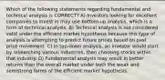 Which of the following statements regarding fundamental and technical analysis is CORRECT? A) Investors looking for excellent companies to invest in may use bottom-up analysis, which is a form of technical analysis. B) Technical analysis is not considered valid under the efficient market hypothesis because this type of analysis is attempting to predict future prices based on past price movement. C) In top-down analysis, an investor would start by researching various industries, then choosing stocks within that industry. D) Fundamental analysis may result in better returns than the overall market under both the weak and semistrong forms of the efficient market hypothesis.