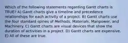 Which of the following statements regarding Gantt charts is TRUE? A) Gantt charts give a timeline and precedence relationships for each activity of a project. B) Gantt charts use the four standard spines of Methods, Materials, Manpower, and Machinery. C) Gantt charts are visual devices that show the duration of activities in a project. D) Gantt charts are expensive. E) All of these are true.