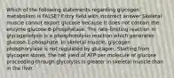 Which of the following statements regarding glycogen metabolism is FALSE? Entry field with incorrect answer Skeletal muscle cannot export glucose because it does not contain the enzyme glucose-6-phosphatase. The rate-limiting reaction in glycogenolysis is a phosphorolysis reaction which generates glucose-1-phosphate. In skeletal muscle, glycogen phosphorylase is not regulated by glucagon. Starting from glycogen stores, the net yield of ATP per molecule of glucose proceeding through glycolysis is greater in skeletal muscle than in the liver.