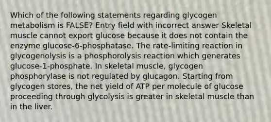 Which of the following statements regarding glycogen metabolism is FALSE? Entry field with incorrect answer Skeletal muscle cannot export glucose because it does not contain the enzyme glucose-6-phosphatase. The rate-limiting reaction in glycogenolysis is a phosphorolysis reaction which generates glucose-1-phosphate. In skeletal muscle, glycogen phosphorylase is not regulated by glucagon. Starting from glycogen stores, the net yield of ATP per molecule of glucose proceeding through glycolysis is greater in skeletal muscle than in the liver.