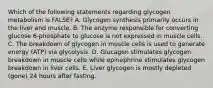 Which of the following statements regarding glycogen metabolism is FALSE? A. Glycogen synthesis primarily occurs in the liver and muscle. B. The enzyme responsible for converting glucose 6-phosphate to glucose is not expressed in muscle cells. C. The breakdown of glycogen in muscle cells is used to generate energy (ATP) via glycolysis. D. Glucagon stimulates glycogen breakdown in muscle cells while epinephrine stimulates glycogen breakdown in liver cells. E. Liver glycogen is mostly depleted (gone) 24 hours after fasting.