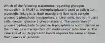 Which of the following statements regarding glycogen metabolism is TRUE? a. Orthophosphate is used to split α-1,4-glycosidic linkages. b. Both muscle and liver cells contain glucose 1-phosphate transporters. c. Liver cells, but not muscle cells, contain glucose 1-phosphatase. d. The conversion of glucose 1-phosphate to glucose 6-phosphate is accomplished as the molecule is transported into endoplasmic reticulum. e. The cleavage of α-1,6-glycosidic bonds requires the same enzyme that cleaves α1,4 bonds.