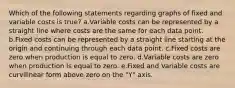 Which of the following statements regarding graphs of fixed and variable costs is true? a.Variable costs can be represented by a straight line where costs are the same for each data point. b.Fixed costs can be represented by a straight line starting at the origin and continuing through each data point. c.Fixed costs are zero when production is equal to zero. d.Variable costs are zero when production is equal to zero. e.Fixed and Variable costs are curvilinear form above zero on the "Y" axis.