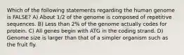 Which of the following statements regarding the human genome is FALSE? A) About 1/2 of the genome is composed of repetitive sequences. B) Less than 2% of the genome actually codes for protein. C) All genes begin with ATG in the coding strand. D) Genome size is larger than that of a simpler organism such as the fruit fly.