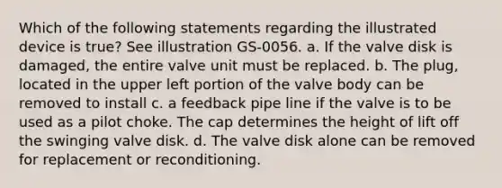 Which of the following statements regarding the illustrated device is true? See illustration GS-0056. a. If the valve disk is damaged, the entire valve unit must be replaced. b. The plug, located in the upper left portion of the valve body can be removed to install c. a feedback pipe line if the valve is to be used as a pilot choke. The cap determines the height of lift off the swinging valve disk. d. The valve disk alone can be removed for replacement or reconditioning.