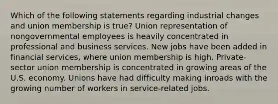 Which of the following statements regarding industrial changes and union membership is true? Union representation of nongovernmental employees is heavily concentrated in professional and business services. New jobs have been added in financial services, where union membership is high. Private-sector union membership is concentrated in growing areas of the U.S. economy. Unions have had difficulty making inroads with the growing number of workers in service-related jobs.