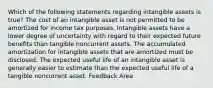 Which of the following statements regarding intangible assets is true? The cost of an intangible asset is not permitted to be amortized for income tax purposes. Intangible assets have a lower degree of uncertainty with regard to their expected future benefits than tangible noncurrent assets. The accumulated amortization for intangible assets that are amortized must be disclosed. The expected useful life of an intangible asset is generally easier to estimate than the expected useful life of a tangible noncurrent asset. Feedback Area