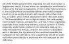 All of the following statements regarding iron are true except: a. Vegetarians need 1.8 times more iron compared to omnivores to make up for the low bioavailability of iron in their food selections. b. Iron supplements are absorbed better when taken between meals or on an empty stomach with liquids, (other than milk, tea, or coffee, which inhibit absorption) rather than with meals. c. The bioavailability of iron is high in meats, fish, and poultry, intermediate in grains and legumes, and low in most vegetables, especially those containing oxalates, such as spinach. d. Foods, especially acidic foods, cooked in iron cookware take up iron salts released from the pan, and this iron source is absorbed well. e. Because the symptoms of iron overload resemble the symptoms of iron deficiency, iron supplements should be taken only when prescribed by a physician who has assessed an iron deficiency.