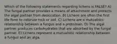 Which of the following statements regarding lichens is FALSE? A) The fungal partner provides a means of attachment and protects the algal partner from desiccation. B) Lichens are often the first life form to colonize rock or soil. C) Lichens are a mutualistic relationship between a fungus and a protozoan. D) The algal partner produces carbohydrates that are absorbed by the fungal partner. E) Lichens represent a mutualistic relationship between a fungus and an alga.