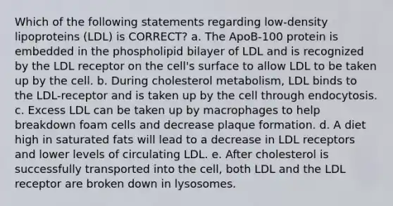 Which of the following statements regarding low-density lipoproteins (LDL) is CORRECT? a. The ApoB-100 protein is embedded in the phospholipid bilayer of LDL and is recognized by the LDL receptor on the cell's surface to allow LDL to be taken up by the cell. b. During cholesterol metabolism, LDL binds to the LDL-receptor and is taken up by the cell through endocytosis. c. Excess LDL can be taken up by macrophages to help breakdown foam cells and decrease plaque formation. d. A diet high in saturated fats will lead to a decrease in LDL receptors and lower levels of circulating LDL. e. After cholesterol is successfully transported into the cell, both LDL and the LDL receptor are broken down in lysosomes.