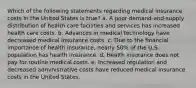 Which of the following statements regarding medical insurance costs in the United States is true? a. A poor demand-and-supply distribution of health care facilities and services has increased health care costs. b. Advances in medical technology have decreased medical insurance costs. c. Due to the financial importance of health insurance, nearly 50% of the U.S. population has health insurance. d. Health insurance does not pay for routine medical costs. e. Increased regulation and decreased administrative costs have reduced medical insurance costs in the United States.