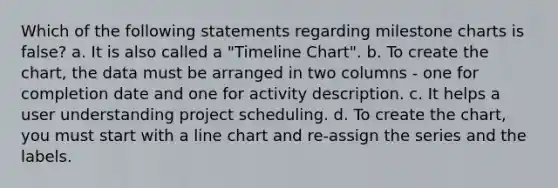 Which of the following statements regarding milestone charts is false? a. It is also called a "Timeline Chart". b. To create the chart, the data must be arranged in two columns - one for completion date and one for activity description. c. It helps a user understanding project scheduling. d. To create the chart, you must start with a line chart and re-assign the series and the labels.