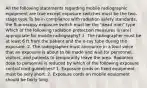 All the following statements regarding mobile radiographic equipment are true except exposure switches must be the two-stage type To be in compliance with radiation safety standards, the fluoroscopy exposure switch must be the "dead man" type Which of the following radiation protection measures is (are) appropriate for mobile radiography? 1. The radiographer must be at least 6 ft from the patient and the x-ray tube during the exposure. 2. The radiographer must announce in a loud voice that an exposure is about to be made and wait for personnel, visitors, and patients to temporarily leave the area. Radiation dose to personnel is reduced by which of the following exposure control cord guidelines? 1. Exposure cords on fixed equipment must be very short. 2. Exposure cords on mobile equipment should be fairly long.