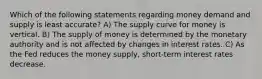 Which of the following statements regarding money demand and supply is least accurate? A) The supply curve for money is vertical. B) The supply of money is determined by the monetary authority and is not affected by changes in interest rates. C) As the Fed reduces the money supply, short-term interest rates decrease.