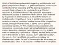 Which of the following statements regarding multidomestic and global competition is false? A. In global competition, rivals vie for worldwide market leadership and the leading competitors compete head-to-head in the markets of many different countries. B. In globally competitive industries, a company's competitive position in one country both affects and is affected by its position in other countries. C. One of the features of multidomestic competition is there is greater cross-country variation in market conditions and the nature of the competitive contest among rivals than tends to be the case in globally competitive markets. D. With multidomestic competition, the competitive contest is localized, with rivals battling for national market leadership; moreover, winning in one country market does not necessarily signal that a company has the ability to fare well in the markets of other countries. E. In global competition, the size of a firm's worldwide competitive advantage (or disadvantage) equals the sum of the competitive advantages (or disadvantages) it has in each country market where it competes.