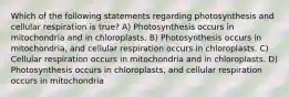 Which of the following statements regarding photosynthesis and cellular respiration is true? A) Photosynthesis occurs in mitochondria and in chloroplasts. B) Photosynthesis occurs in mitochondria, and cellular respiration occurs in chloroplasts. C) Cellular respiration occurs in mitochondria and in chloroplasts. D) Photosynthesis occurs in chloroplasts, and cellular respiration occurs in mitochondria