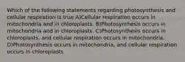 Which of the following statements regarding photosynthesis and cellular respiration is true A)Cellular respiration occurs in mitochondria and in chloroplasts. B)Photosynthesis occurs in mitochondria and in chloroplasts. C)Photosynthesis occurs in chloroplasts, and cellular respiration occurs in mitochondria. D)Photosynthesis occurs in mitochondria, and cellular respiration occurs in chloroplasts