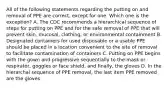 All of the following statements regarding the putting on and removal of PPE are correct, except for one. Which one is the exception? A. The CDC recommends a hierarchical sequence of steps for putting on PPE and for the safe removal of PPE that will prevent skin, mucosal, clothing, or environmental containment B. Designated containers for used disposable or a usable PPE should be placed in a location convenient to the site of removal to facilitate contamination of containers C. Putting on PPE begins with the gown and progressive sequentially to the mask or respirator, goggles or face shield, and finally, the gloves D. In the hierarchal sequence of PPE removal, the last item PPE removed are the gloves