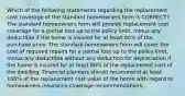 Which of the following statements regarding the replacement cost coverage of the standard homeowners form is CORRECT? The standard homeowners form will provide replacement cost coverage for a partial loss up to the policy limit, minus any deductible if the home is insured for at least 80% of the purchase price. The standard homeowners form will cover the cost of required repairs for a partial loss up to the policy limit, minus any deductible without any deduction for depreciation if the home is insured for at least 80% of the replacement cost of the dwelling. Financial planners should recommend at least 100% of the replacement cost value of the home with regard to homeowners insurance coverage recommendations..