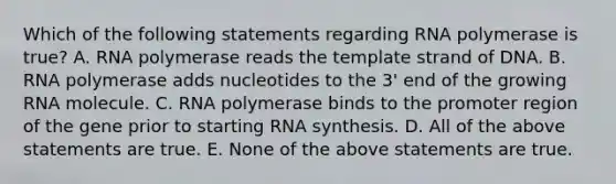 Which of the following statements regarding RNA polymerase is true? A. RNA polymerase reads the template strand of DNA. B. RNA polymerase adds nucleotides to the 3' end of the growing RNA molecule. C. RNA polymerase binds to the promoter region of the gene prior to starting RNA synthesis. D. All of the above statements are true. E. None of the above statements are true.