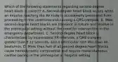 Which of the following statements regarding second-degree heart block is correct? A. Second-degree heart block occurs when an impulse reaching the AV node is occasionally prevented from proceeding to the ventricles and causing a QRS complex. B. Most second-degree heart blocks are transient in nature and resolve in the prehospital setting without the need for intervention in the emergency department. C. Second-degree heart block is characterized by inconsistent PR intervals, a QRS complex greater than 0.12 seconds, and a ventricular rate less than 40 beats/min. D. More than half of all second-degree heart blocks cause hemodynamic compromise and require transcutaneous cardiac pacing in the prehospital or hospital setting.