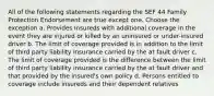 All of the following statements regarding the SEF 44 Family Protection Endorsement are true except one. Choose the exception a. Provides Insureds with additional coverage in the event they are injured or killed by an uninsured or under-insured driver b. The limit of coverage provided is in addition to the limit of third party liability insurance carried by the at fault driver c. The limit of coverage provided is the difference between the limit of third party liability insurance carried by the at fault driver and that provided by the insured's own policy d. Persons entitled to coverage include insureds and their dependent relatives