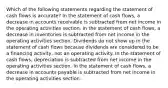 Which of the following statements regarding the statement of cash flows is accurate? In the statement of cash flows, a decrease in accounts receivable is subtracted from net income in the operating activities section. In the statement of cash flows, a decrease in inventories is subtracted from net income in the operating activities section. Dividends do not show up in the statement of cash flows because dividends are considered to be a financing activity, not an operating activity. In the statement of cash flows, depreciation is subtracted from net income in the operating activities section. In the statement of cash flows, a decrease in accounts payable is subtracted from net income in the operating activities section.