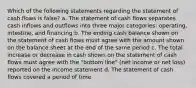 Which of the following statements regarding the statement of cash flows is false? a. The statement of cash flows separates cash inflows and outflows into three major categories: operating, intestine, and financing b. The ending cash balance shown on the statement of cash flows must agree with the amount shown on the balance sheet at the end of the same period c. The total increase or decrease in cash shown on the statement of cash flows must agree with the "bottom line" (net income or net loss) reported on the income statement d. The statement of cash flows covered a period of time