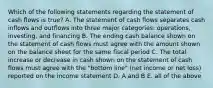 Which of the following statements regarding the statement of cash flows is true? A. The statement of cash flows separates cash inflows and outflows into three major categories: operations, investing, and financing B. The ending cash balance shown on the statement of cash flows must agree with the amount shown on the balance sheet for the same fiscal period C. The total increase or decrease in cash shown on the statement of cash flows must agree with the "bottom line" (net income or net loss) reported on the income statement D. A and B E. all of the above