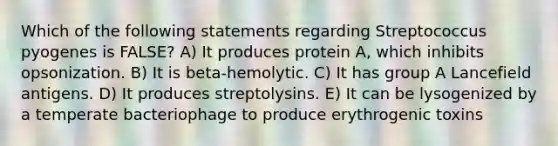 Which of the following statements regarding Streptococcus pyogenes is FALSE? A) It produces protein A, which inhibits opsonization. B) It is beta-hemolytic. C) It has group A Lancefield antigens. D) It produces streptolysins. E) It can be lysogenized by a temperate bacteriophage to produce erythrogenic toxins