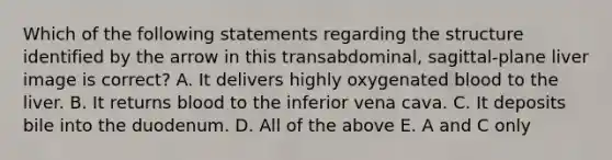 Which of the following statements regarding the structure identified by the arrow in this transabdominal, sagittal-plane liver image is correct? A. It delivers highly oxygenated blood to the liver. B. It returns blood to the inferior vena cava. C. It deposits bile into the duodenum. D. All of the above E. A and C only