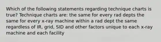 Which of the following statements regarding technique charts is true? Technique charts are: the same for every rad depts the same for every x-ray machine within a rad dept the same regardless of IR, grid, SID and other factors unique to each x-ray machine and each facility