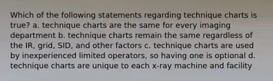 Which of the following statements regarding technique charts is true? a. technique charts are the same for every imaging department b. technique charts remain the same regardless of the IR, grid, SID, and other factors c. technique charts are used by inexperienced limited operators, so having one is optional d. technique charts are unique to each x-ray machine and facility