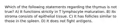 Which of the following statements regarding the thymus is not true? A) It functions strictly in T lymphocyte maturation. B) Its stroma consists of epithelial tissue. C) It has follicles similar to those in the spleen. D) It does not fight antigens.