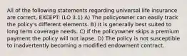 All of the following statements regarding universal life insurance are correct, EXCEPT: (LO 3.1) A) The policyowner can easily track the policy's different elements. B) It is generally best suited to long term coverage needs. C) If the policyowner skips a premium payment the policy will not lapse. D) The policy is not susceptible to inadvertently becoming a modified endowment contract.