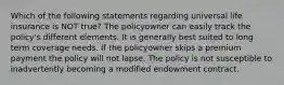 Which of the following statements regarding universal life insurance is NOT true? The policyowner can easily track the policy's different elements. It is generally best suited to long term coverage needs. If the policyowner skips a premium payment the policy will not lapse. The policy is not susceptible to inadvertently becoming a modified endowment contract.