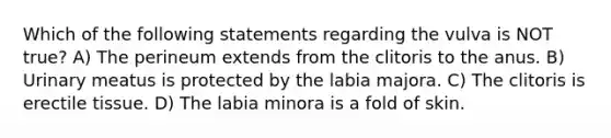 Which of the following statements regarding the vulva is NOT true? A) The perineum extends from the clitoris to the anus. B) Urinary meatus is protected by the labia majora. C) The clitoris is erectile tissue. D) The labia minora is a fold of skin.