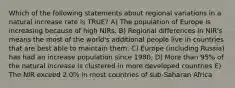 Which of the following statements about regional variations in a natural increase rate is TRUE? A) The population of Europe is increasing because of high NIRs. B) Regional differences in NIR's means the most of the world's additional people live in countries that are best able to maintain them. C) Europe (including Russia) has had an increase population since 1980. D) More than 95% of the natural increase is clustered in more developed countries E) The NIR exceed 2.0% in most countries of sub-Saharan Africa