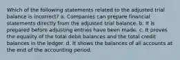 Which of the following statements related to the adjusted trial balance is incorrect? a. Companies can prepare financial statements directly from the adjusted trial balance. b. It is prepared before adjusting entries have been made. c. It proves the equality of the total debit balances and the total credit balances in the ledger. d. It shows the balances of all accounts at the end of the accounting period.